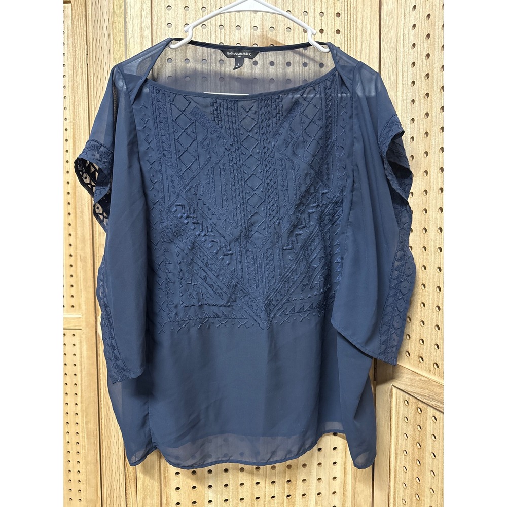 Banana Republic Navy Blue Embroidered Sheer Kimono Sleeve Blouse Large